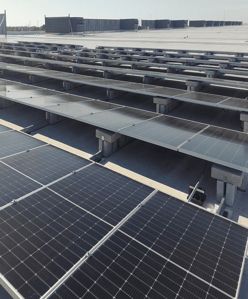 Rows of rooftop solar panels installed on a flat commercial building roof.